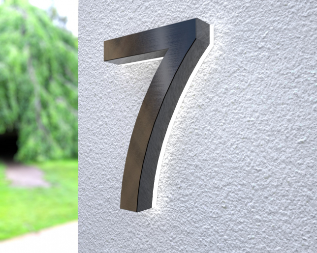 Weiß beleuchtete LED-Edelstahl-Hausnummer 7 in 3D Optik  "Patch black 7"