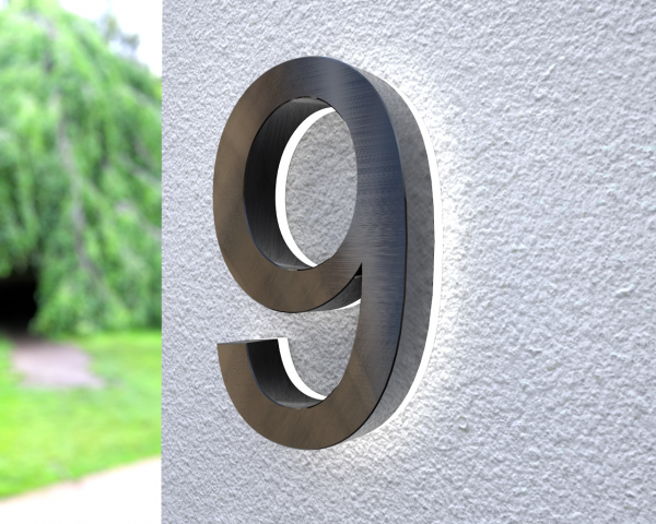 Weiß beleuchtete LED-Edelstahl-Hausnummer 9 in 3D Optik "Patch black 9"